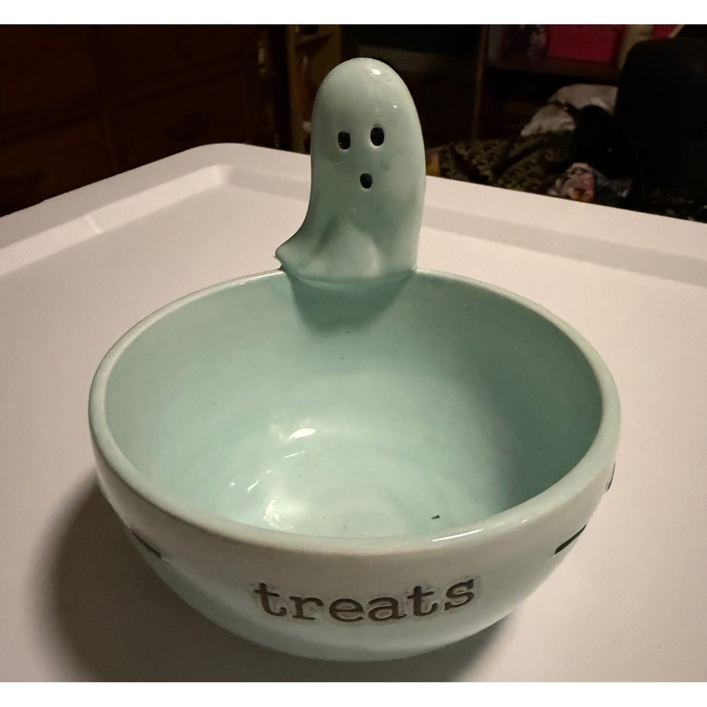 Halloween Ghost Ceramic Candy Bowl Mint Green Treats Dish Spooky Decor Table top